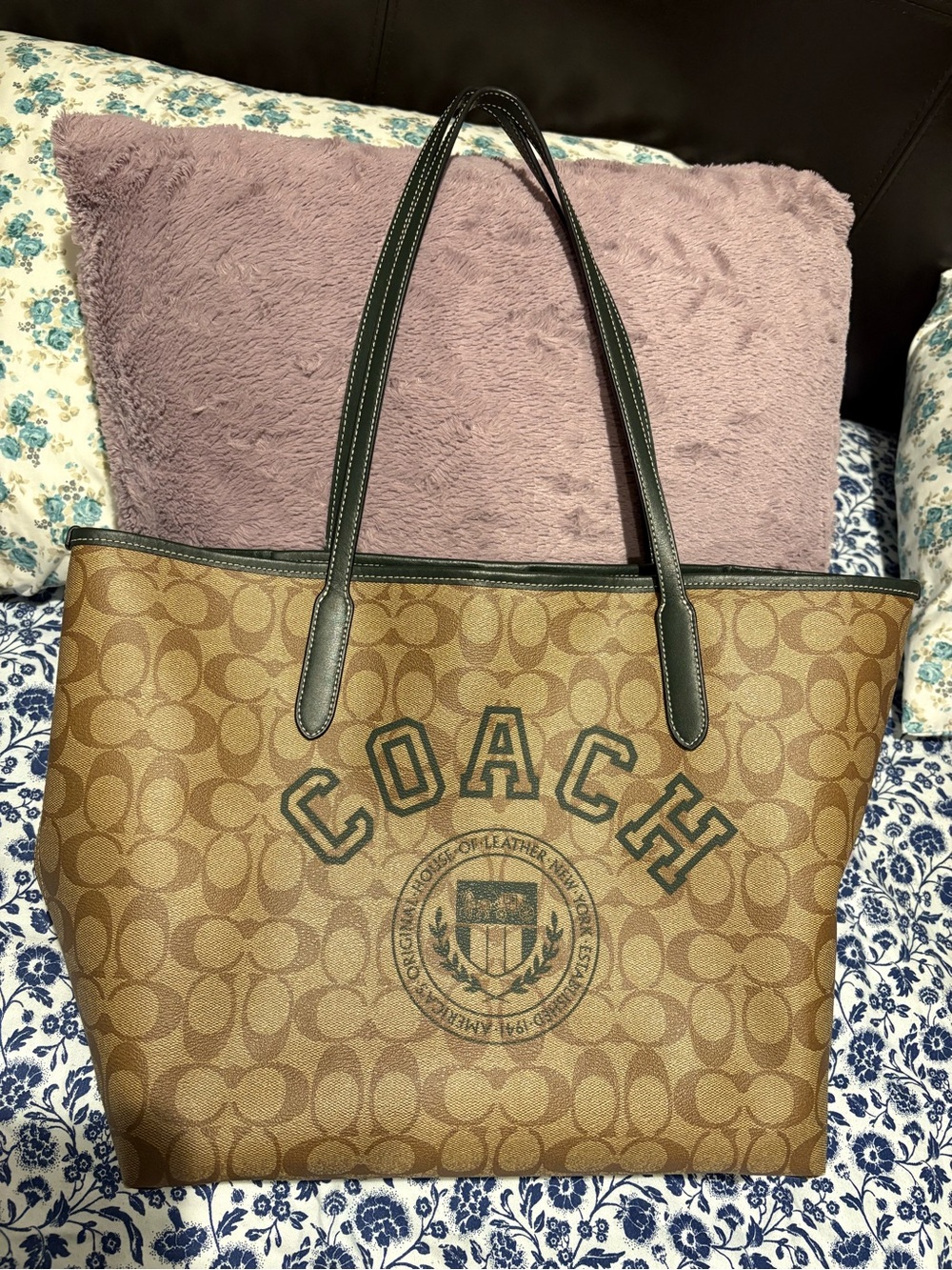 Coach Tan Signature Canvas Tote with Dark Green Trim